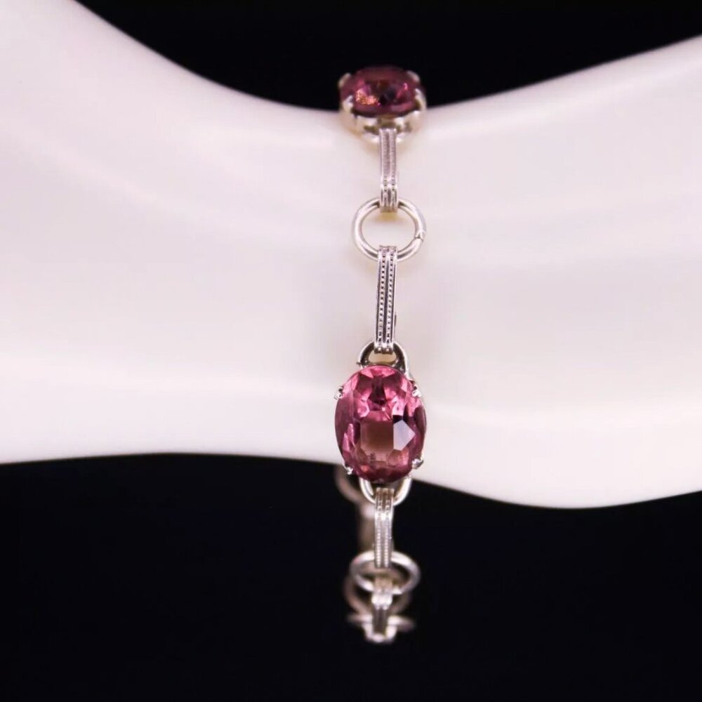 Vintage Art Deco Sterling Silver Purple Crystal Faceted Link Panel Bracelet 7"